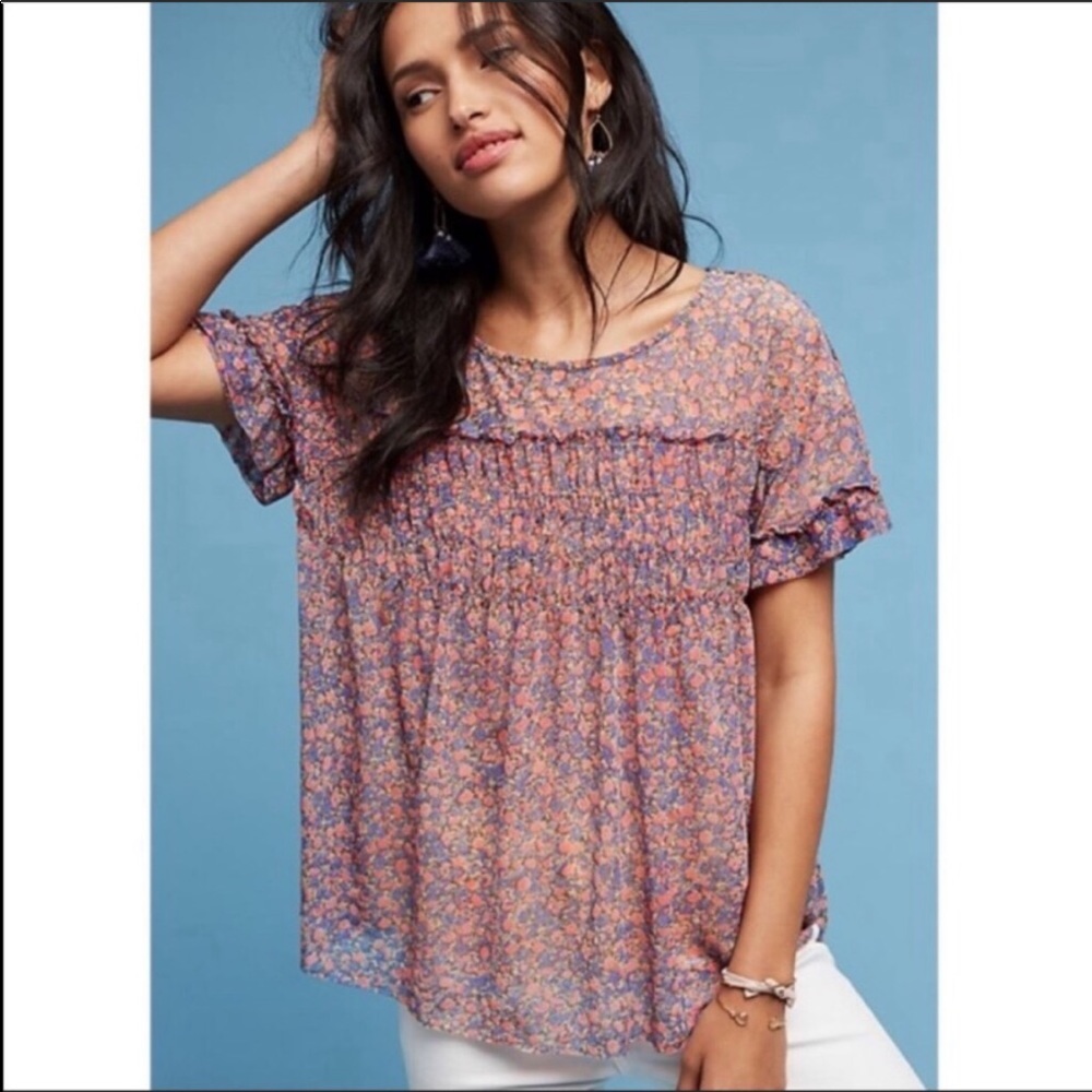Anthropologie Deletta Robyn Smocked floral top